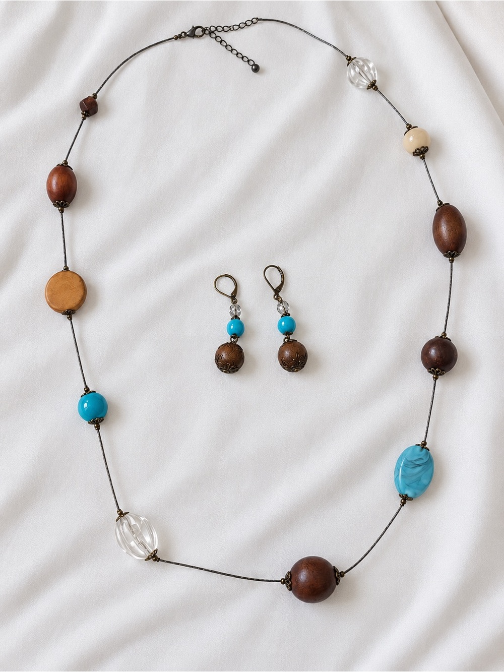 Turquoise & Wood Beaded Long Necklace + Matching Earrings Set